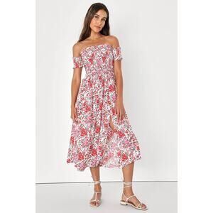 Lulus View From Meadow M Cream Floral Off Shoulder Midi Dress